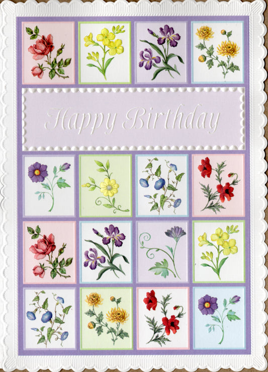 Patchwork floral grid of small flowers embossed die cut general birthday greeting card by Carol Wilson. Inside: May your every wish come true on your special day. Retail $3.50 | CG1425 | 255690