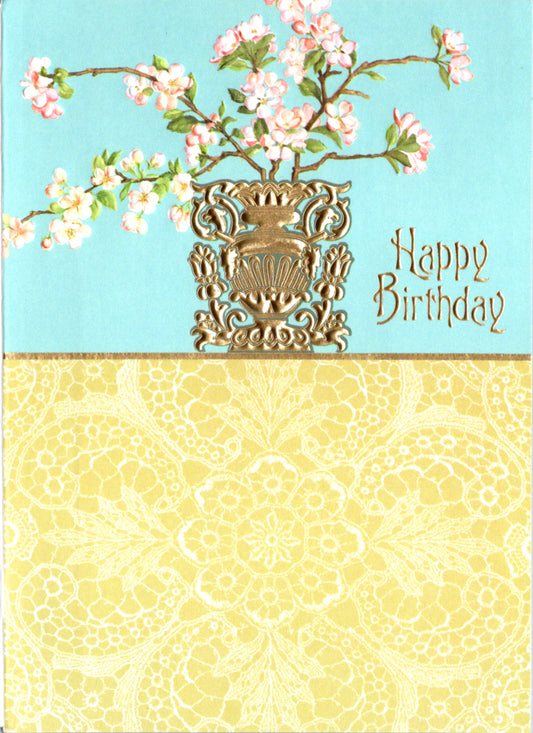 Japanese white cherry blossom embossed die cut general birthday greeting card by Carol Wilson. Inside: Wishing you joy and good fortune for the year ahead! Retail $3.50  | CG1433 | 255692