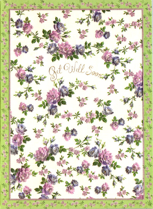 Cheerful purple flowers on a cream background embossed die cut get well greeting card by Carol Wilson Inside: Sorry to hear you are sick. Retail $4.25  | CG1468 | 255693