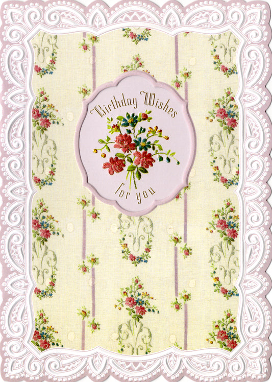 Petite rose bouquets on cream background embossed die cut general birthday greeting card by Carol Wilson. Inside May all that it wonderful come true! Retail $3.50 | CG1481 | 255694