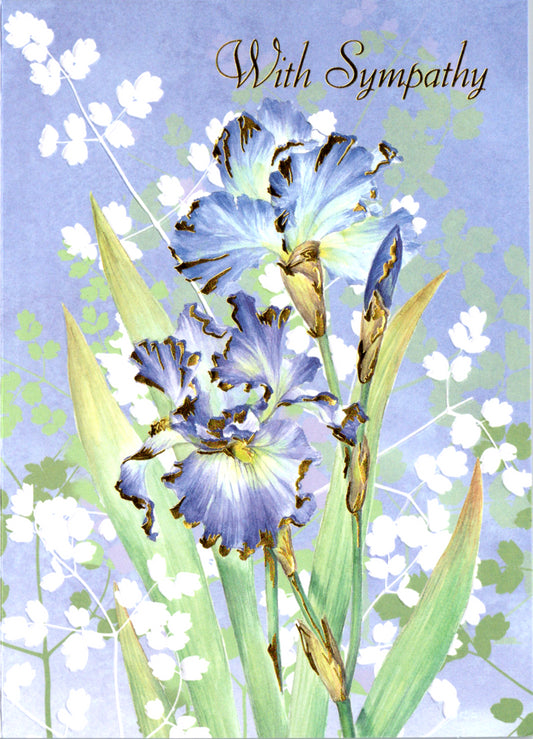 Purple iris and lily of the valley embossed die-cut sympathy greeting card by Carol Wilson. Inside: May you find comfort in God's love and in knowing that others care Retail $4.99.  | CRG1470 | 255695