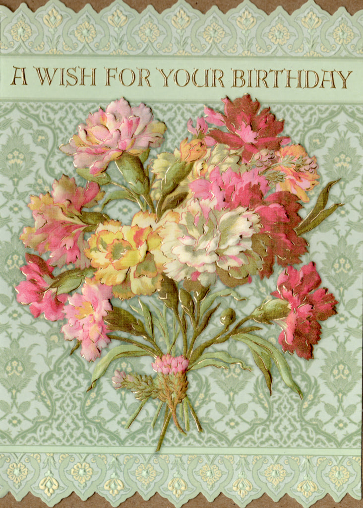 Carnations on green background embossed die cut female birthday greeting card by Carol Wilson. Inside: Thinking of you on your special day and wishing you the best in every way. Retail $4.25 | CRG1482 | 255697