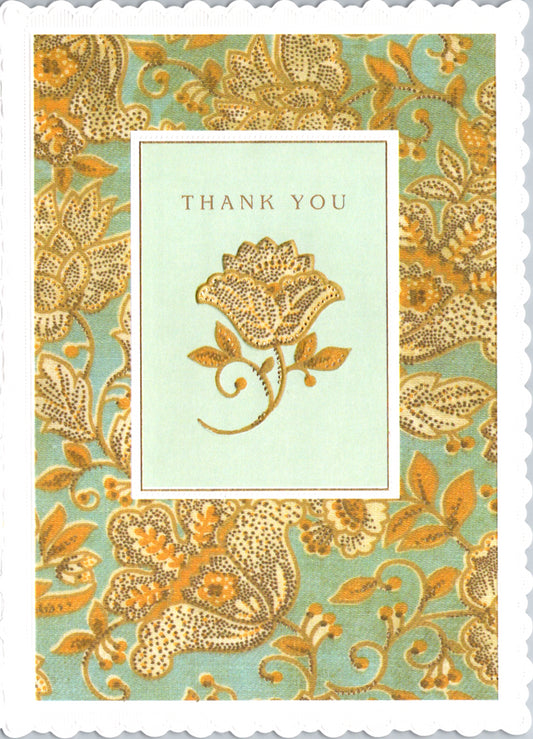 Gold and light aqua floral thank you card by Carol Wilson. Inside: So much! Retail $3.25  | CG1402 | 255699