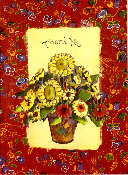 red yellow and white flowers on a red bordered card. Thank you card by Carol Wilson. Inside: I will always be grateful for having you as my friend! Retail $3.25  | CG1403 | 255700