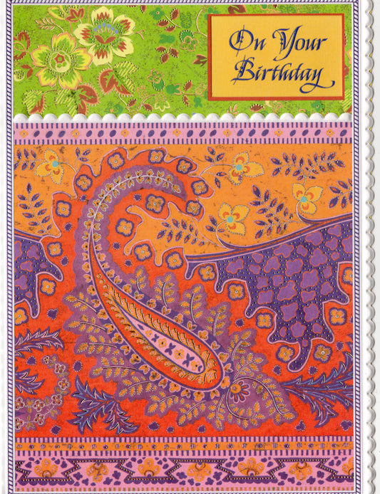 Paisley power in purple orange white and green! embossed die cut general birthday greeting card by Carol Wilson. Inside: May happiness be yours today and throughout the year. Retail $3.50  | CG1431 | 255703