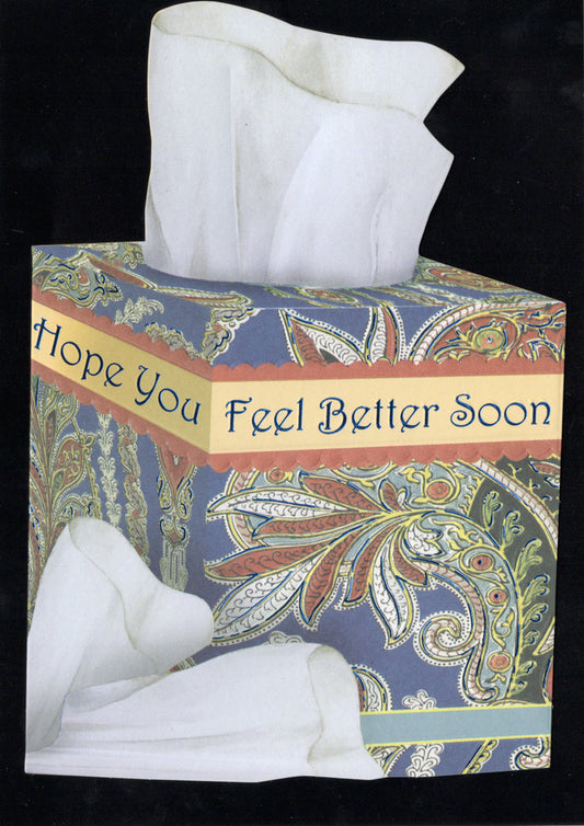 Blue and cream paisley patterned tissue box shaped embossed die cut get well greeting card by Carol Wilson. Inside: A little comfort sent today. Retail $4.99  | CRG1528 | 255705