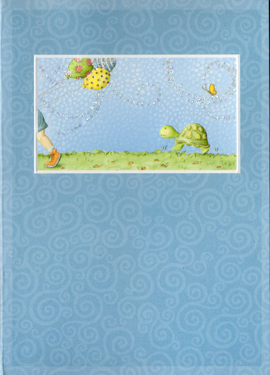 Tiny turtle balloon belated birthday embossed die cut greeting card by Carol Wilson. Inside Sorry I missed it! Happy Belated Birthday! Retail $4.25  | CG1437 | 255707