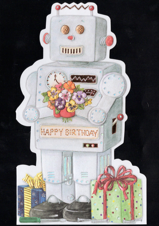 Robot themed embossed die cut male or kid birthday greeting card by Carol Wilson. Inside: Affirmative! I wish you an electrifying birthday! Retail $4.25.  | CG1514 | 255709