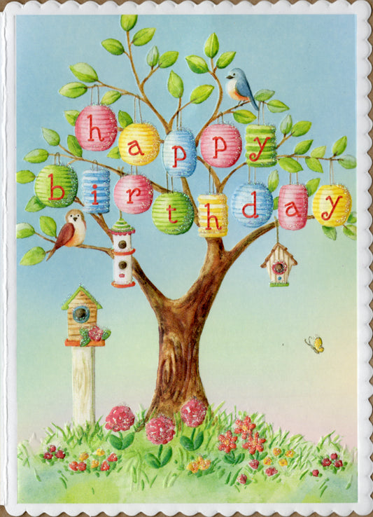 Whimsical tree house with happy birthday banner. embossed die-cut birthday card by Carol Wilson. Inside: You make the world a brighter place. Happy Birthday! Retail $4.25  | CRG1616 | 255710