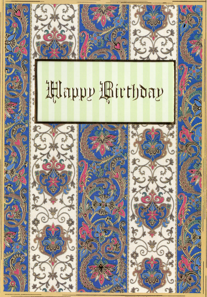 Navy and tan paisley stripes male embossed die cut birthday greeting card by Carol Wilson Inc. Inside: Happy Birthday! Wishing you all good things! Retail $4.25  | CRGN1459 | 255712