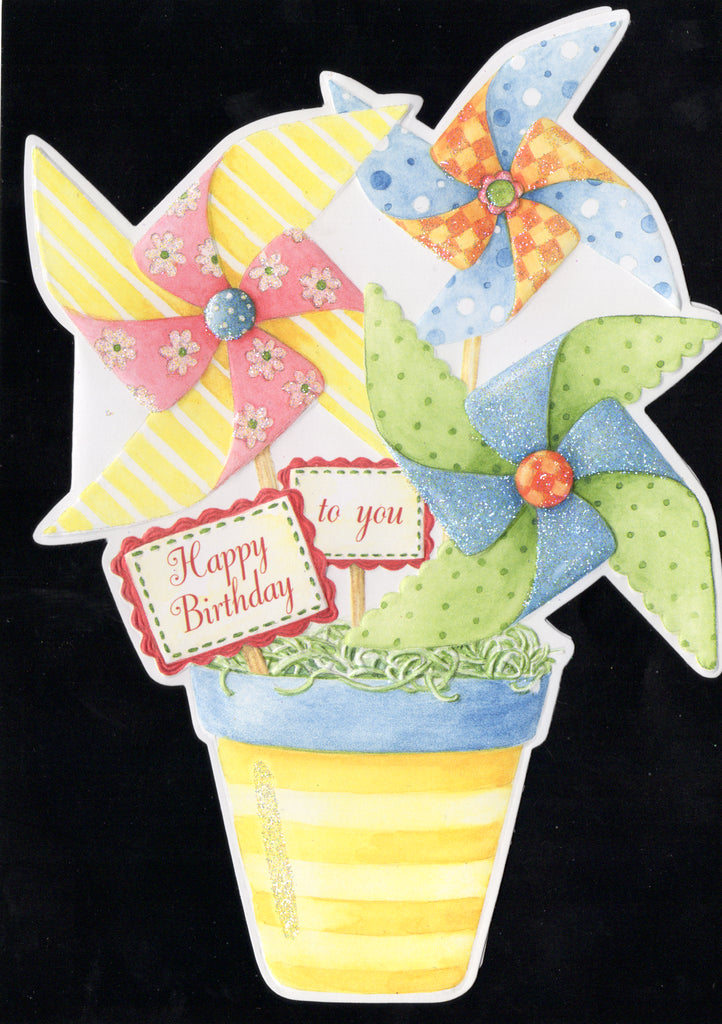 Festive pinwheels in a yellow striped pot embossed die cut general birthday greeting card by Carol Wilson. Inside: Have a fun and joyful day. Retail $3.50  | CG1643 | 255716