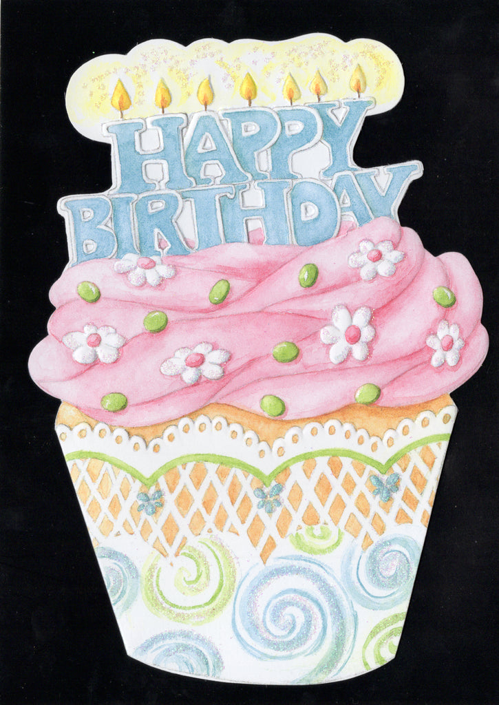 Super size birthday cupcake embossed die cut general birthday greeting card by Carol Wilson. Inside: Wishing you the sweetest birthday ever! Retail $4.25  | CRG1663 | 255720