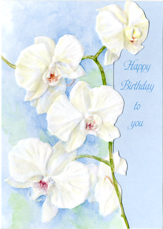 White orchids on a pale blue background embossed die cut general birthay greeting card by Carol Wilson. Inside: May all your dreams come true. Retail $4.25  | CRG1328 | 255724