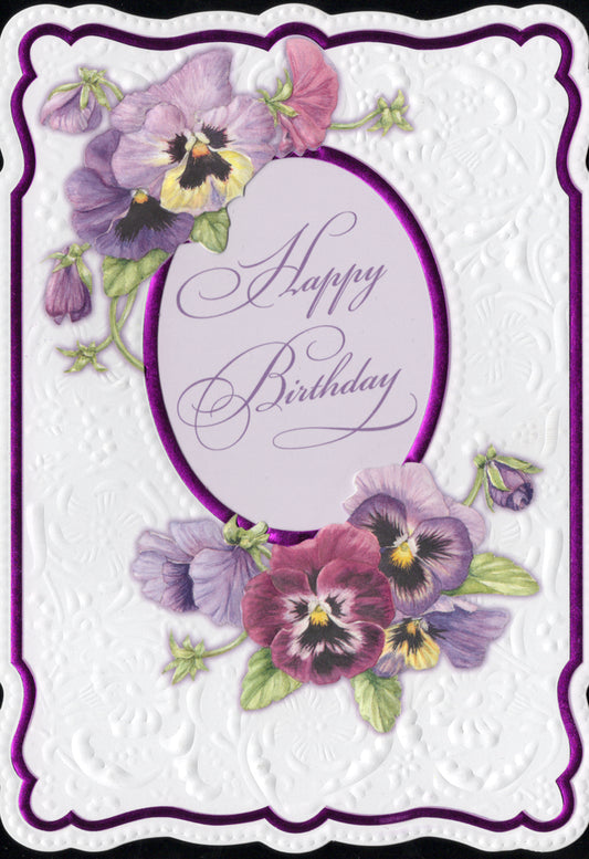 Embossed purple pansies general birthday greeting card by Carol Wilson Inc. Inside: Sending you fond wishes for a very special day. Retail $4.25 | CRG1349 | 255726