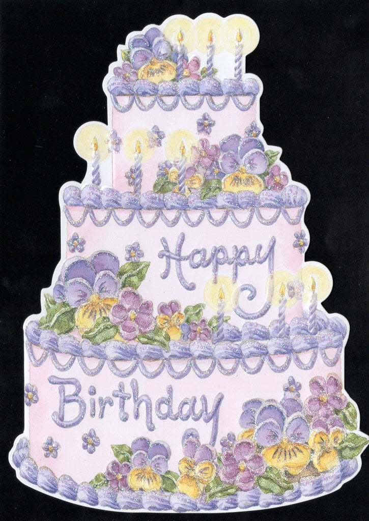 Festive purple floral birthday cake! Embossed die cut general birthday greeting card by Carol Wilson Inside You take the cake! Retail $4.99.  | CRG1354 | 255727