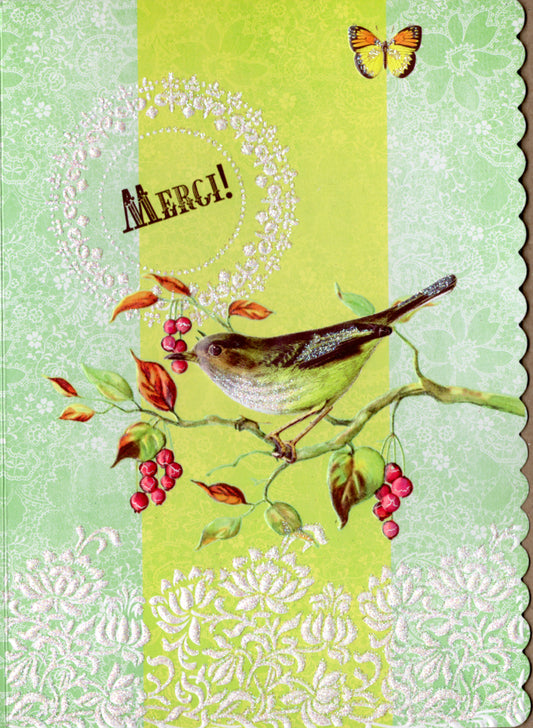 Green background with white lace accenting and a bird on a branch. Thank you card by Carol Wilson. Inside:  Beaucoup! Retail $4.25  | CG4020 | 255730