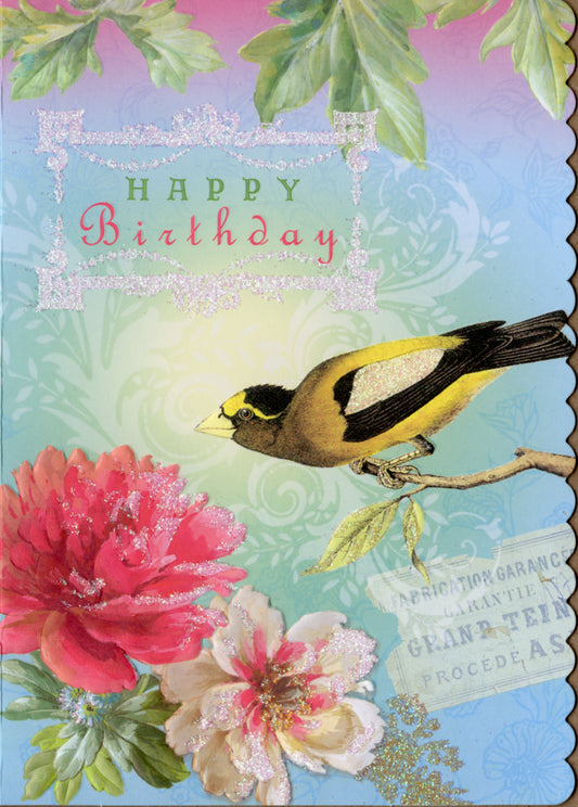 Happy birthday yellow robin on blue/green background embossed die cut general birthday greeting card by Carol Wilson. Inside: Wishing a day that is magical! Retail $4.25  | CG4026 | 255731