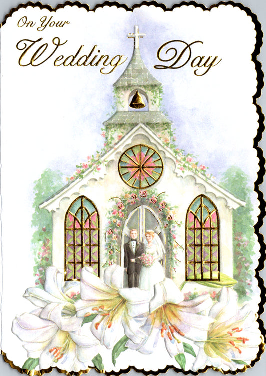 Wedding chapel accented with gold foil embossed die cut wedding card by Carol Wilson. Inside: Wishing you many blessings as a married couple. Retail $4.99  | CRG05569 | 255732