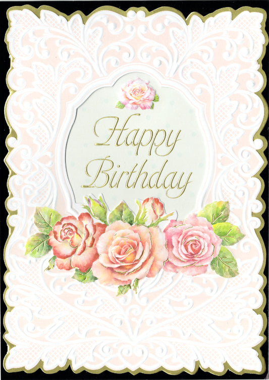 Pink rose spray on white embossing general birthday greeting card by Carol Wilson. Inside: Wishing you a day that's beautiful in every way. Retail $4.25  | CRG1122 | 255733