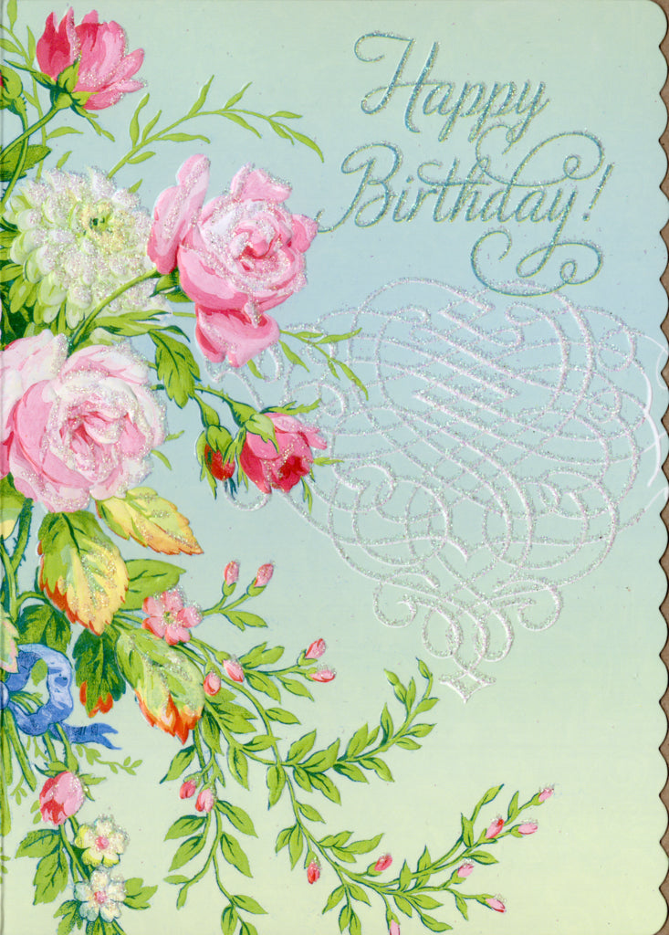 Happy Birthday roses on green embossed die cut general birthday greeting card by Carol Wilson Inside: Best wishes for a very special day! Retail $4.25  | CRGN4033 | 255735