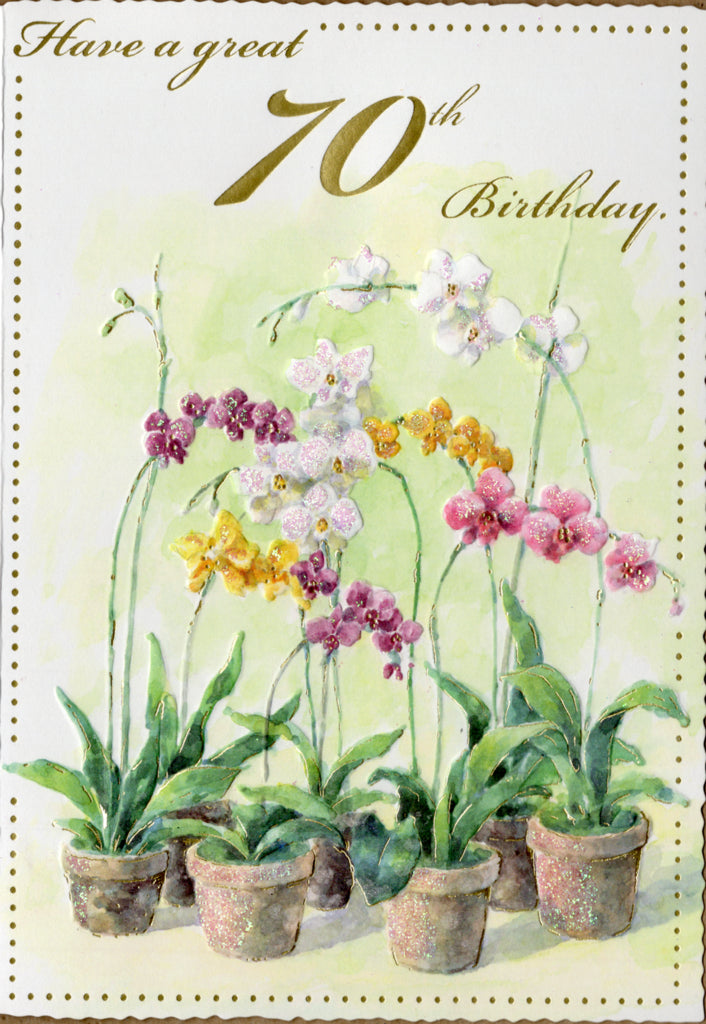 Multi-colored orchids in flower pots celebrate 70th birthday in an embossed card by Carol Wilson. Inside:  May this birthday find you surrounded by happiness and love. Happy 70th Birthday! Retail $4.25  | CRG6013 | 255738