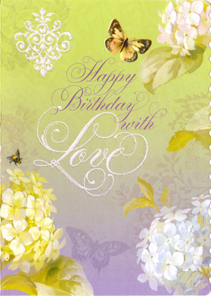 Wishes of birthday love on a purple and green background accented with Butterfly and hydrangeas Embossed die cut general birthday greeting card from Carol Wilson. Inside: Wishing you a day that is special in every way. Retail $4.25  | CRGN4003 | 255739