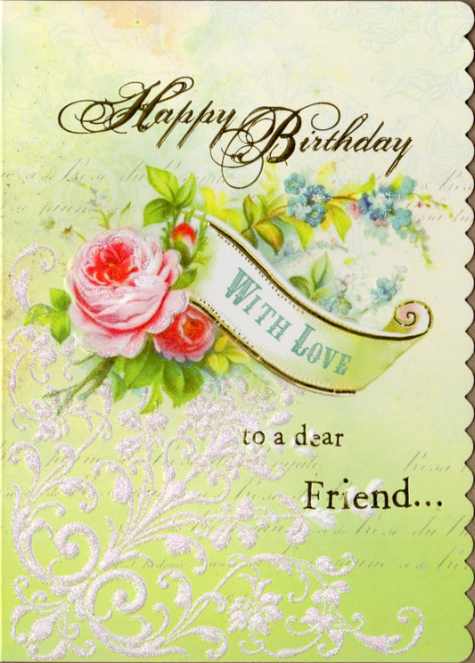 Happy Birthday with Love red and green rose themed birthday greeting card by Carol Wilson. Inside Wishing you a bright and beautiful birthday! Retail $4.25 | CRGN4040 | 255741