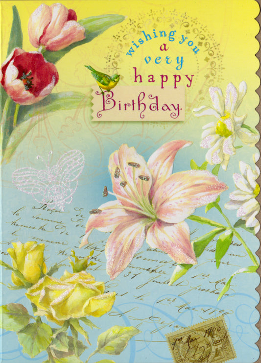 Tulips roses and lilies create a floral delight embossed die cut general birthday greeting card by Carol Wilson Inside: May your birthday wishes come true! Retail $4.25.  | CRGN4044 | 255742