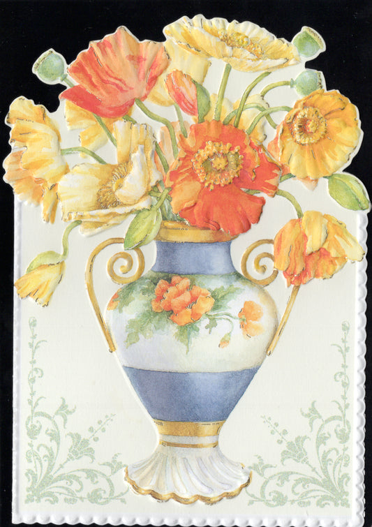 Red and gold poppies in a blue urn blank embossed die-cut greeting card by Carol Wilson. Blank inside. Retail $2.95.  | CG1105 | 255749