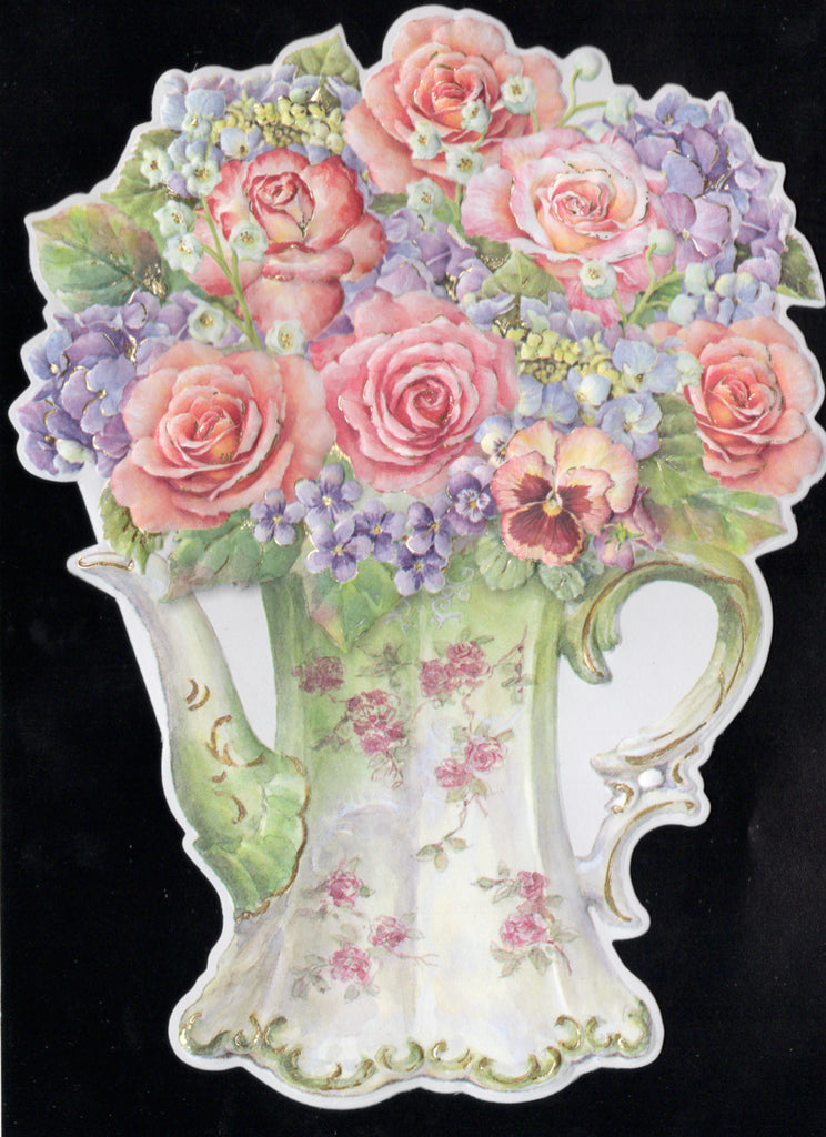 Vintage tea pot with flowers themed blank embossed die-cut greeting card by Carol Wilson. Blank inside. Retail $2.95.  | CG1134 | 255750