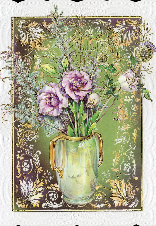 Mauve flowers in a pearl white urn embossed die-cut sympathy greeting card by Carol Wilson. Inside: Wishing you peace in this time of sorrow. Retail $4.25.  | CRG1060 | 255751