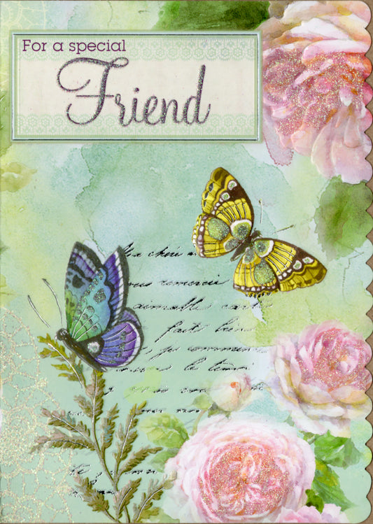 Blue and pink Butterfly Blooms floral embossed die cut friend birthday greeting card by Carol Wilson. Inside: Birthdays come around every year. Retail $4.25.  | CRGN6018 | 255754