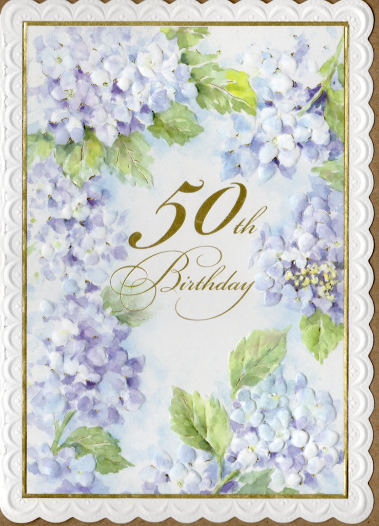 Blue and white hydrangea themed 50th birthday embossed greeting card by Carol Wilson. Inside: Wishing you a beautiful 50th birthday surrounded with love! Happy Birthday! Retail $4.25  | CRG6011 | 255758