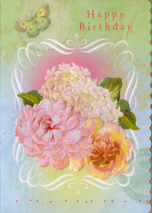 Happy Birthday floral bouquet embossed die cut general birthday greeting card by Carol Wilson. Inside: Wishing you a bright and beautiful day. Retail $4.25  | CRGN4035 | 255759