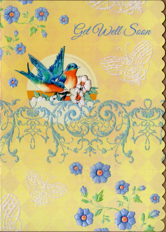 Blue birds bring get well wishes embossed die cut get well greeting card by Carol Wilson Inside Cheery wishes for your speedy recovery. Retail $4.25  | CRGN4039 | 255760