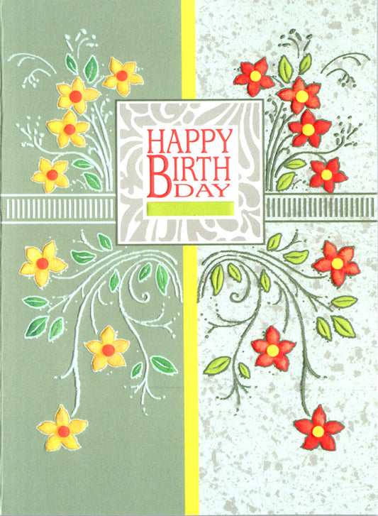 Simple green patterned background with yellow and orange flowers and orange Happy Birthday. embossed die cut greeting card by Carol Wilson. Inside: All good wishes for the very best of everything this year. Retail $3.25  | CG1305 | 255773