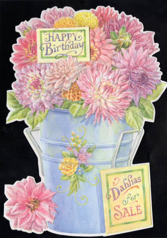 Pink and red dahlia's embossed die cut general birthday greeting card by Carol Wilson. Inside: Happy Birthday Dahling! Retail $3.50  | CG1213 | 255777