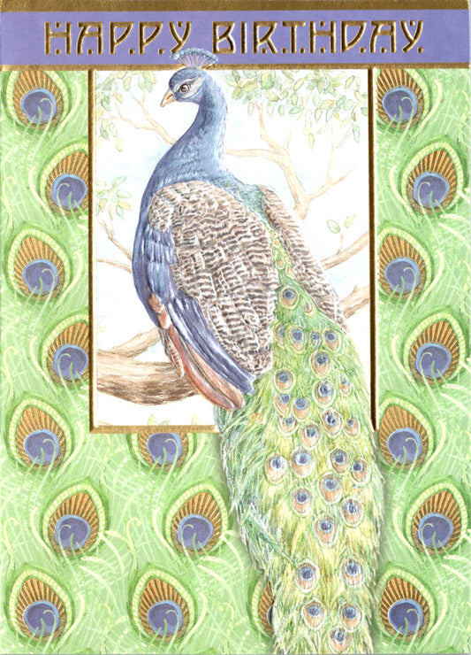 Proud blue and green peacock on a green/white background embossed die cut general birthday greeting card by Carol Wilson. Inside: May your day be dazzling. Retail $4.25  | CRG1276 | 255781