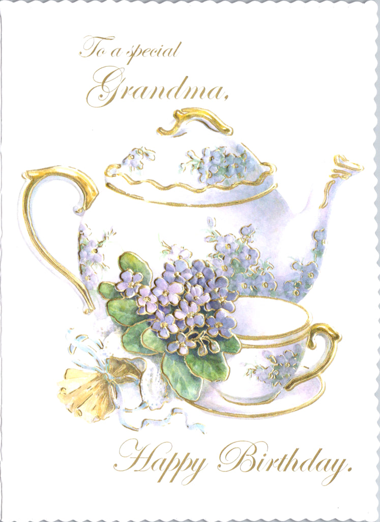 Purple hydrangeas and tea themed Grandma embossed die cut birthday card from Carol  Wilson Fine Arts. Inside:  You are special! Happy Birthday Grandma Retail $4.25  | CRG6024 | 255782