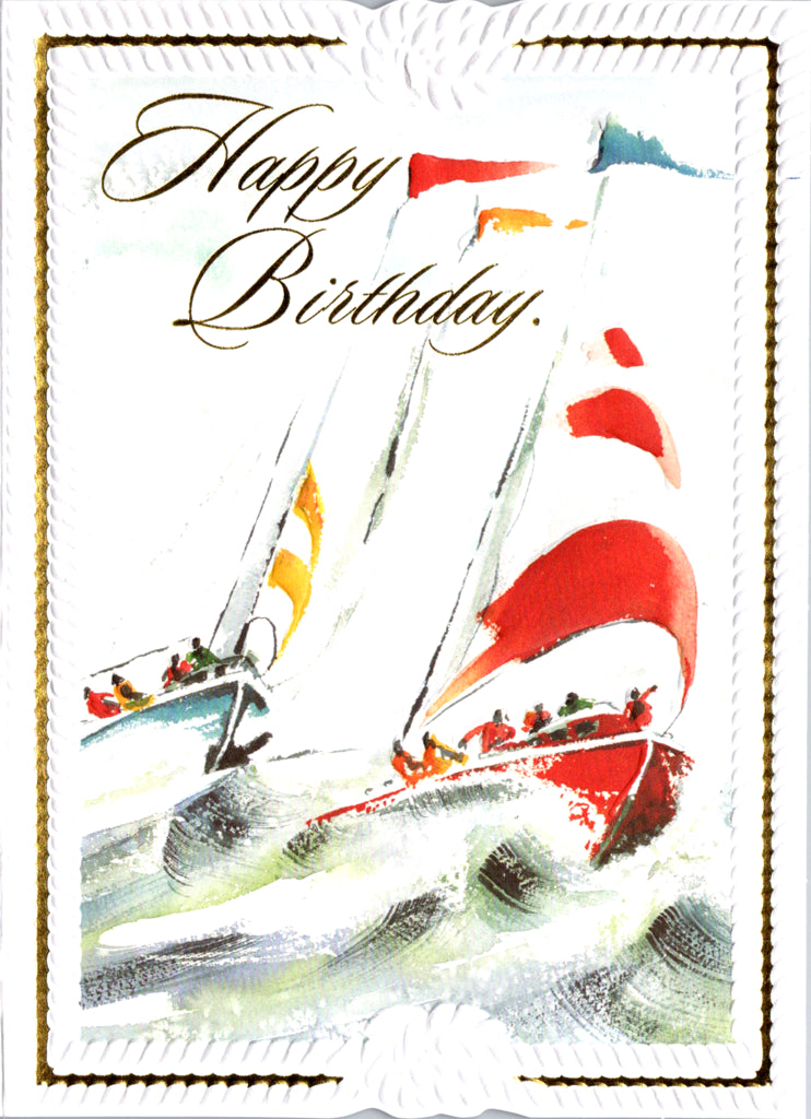 Red white yellow sailboat themed male embossed die cut birthday greeting card from Carol Wilson FIne Arts. Inside: Hope in the coming year all is smooth sailing! Retail $4.25  | CRG1206 | 255792