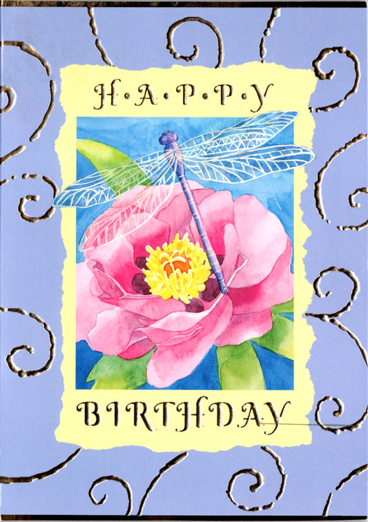 Dragonfly and flower on a purple background Birthday greeting card by Carol Wilson. Inside: You're a natural at being wonderful! Happy Birthday! Retail $4.25  | CRGN1220 | 255797