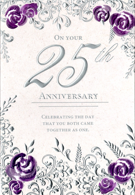 PURPLE FLOWERS - 25TH Anniversary Retail $3.49  Inside: 25 years 300 months 9132 days... 5x7 Greeting Card | 8447 | 255801