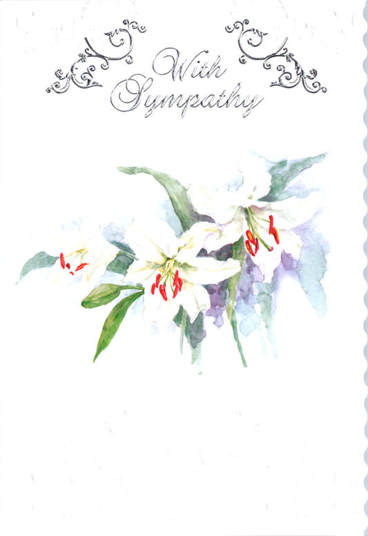 White tiger lilies embossed die-cut sympathy greeting card by Carol Wilson.I Inside: Those we have loved remain in our hearts forever. Retail $4.99.  | CRG5010 | 255802