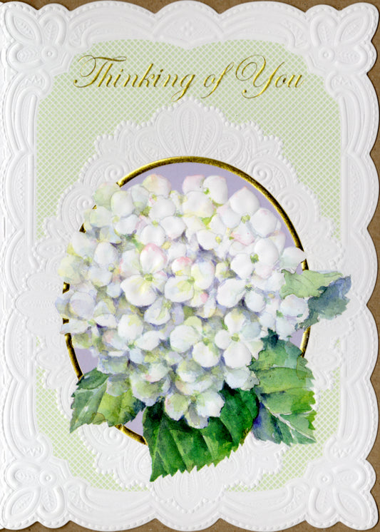 White hydrangeas and a lace border highlight this embossed die-cut thinking of you card by Carol Wilson. Inside: You are in my thoughts and in my heart. Retail $4.25. | CRG6029 | 255804