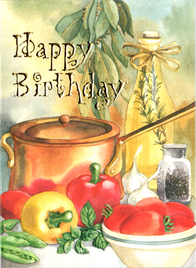 Vegetables herb oil cooking themed embossed die cut general birthday card by Carol Wilson. Inside: Wishing you a birthday filled with simple pleasures. Retail $3.25  | CG1301 | 255807