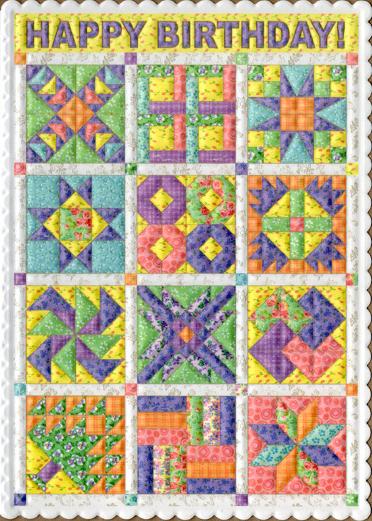 Classic quilt pattern embossed die cut general birthday greeting card by Carol Wilson Inside Warm wishes for a happy birthday! Retail $3.25 | CG1353 | 255809