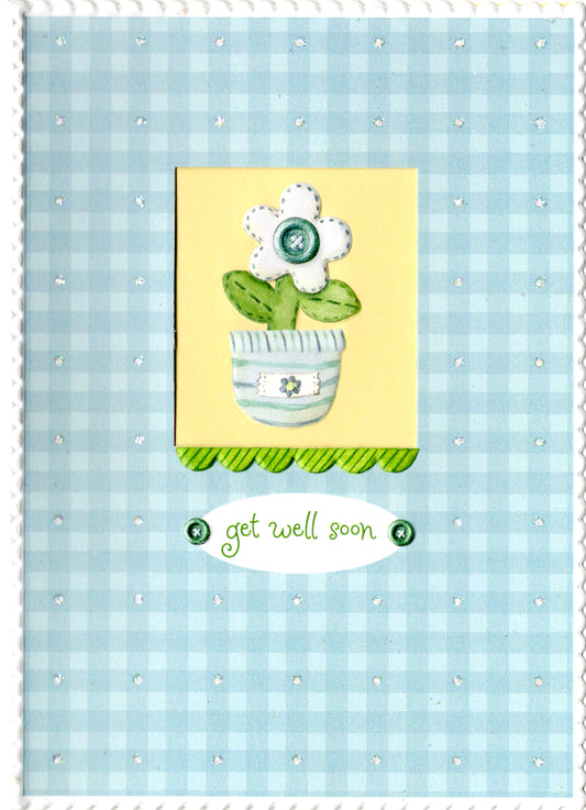 Blue checkerboard plaid front with simple flower embossed die cut greeting card by Carol Wilson. Inside: Sending caring thoughts your way. Feel better soon! Retail $3.25  | CG1364 | 255812