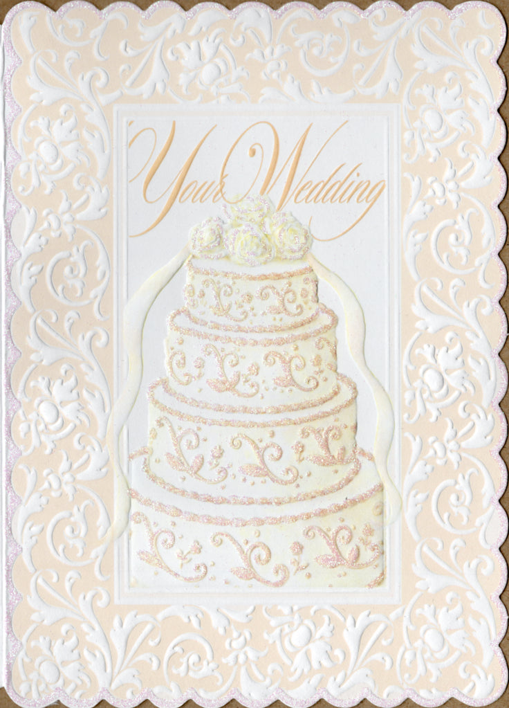 print on print white embossed die cut cake shaped wedding greeting card by Carol Wilson Inside: A beautiful beginning to your life together. Retail $4.25  | CRG1341 | 255813