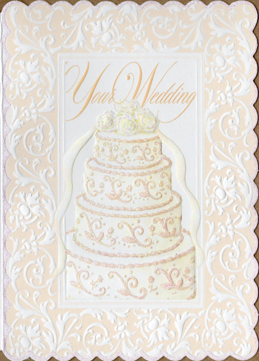 print on print white embossed die cut cake shaped wedding greeting card by Carol Wilson Inside: A beautiful beginning to your life together. Retail $4.25  | CRG1341 | 255813