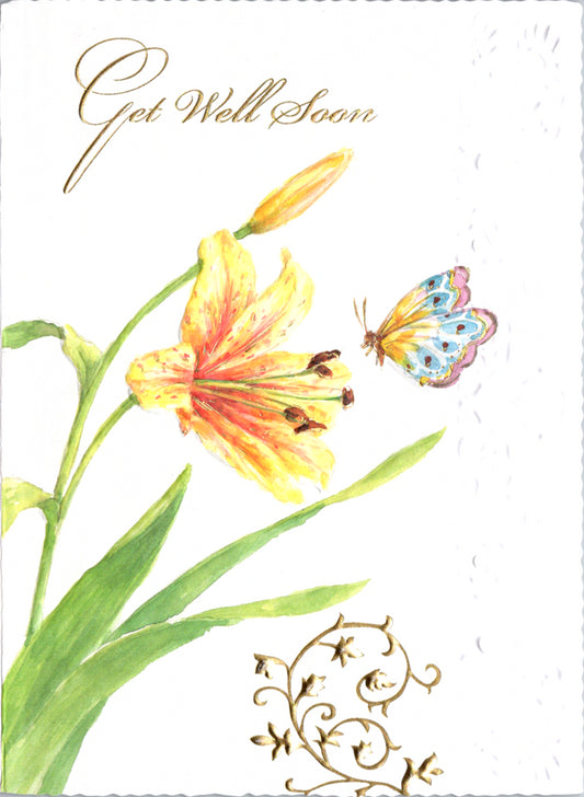 Lily and butterfly themed embossed die cut get well greeting card by Carol Wilson Inside Sending get well wishes so you feel better soon. Retail $4.25  | CRG1361 | 255815